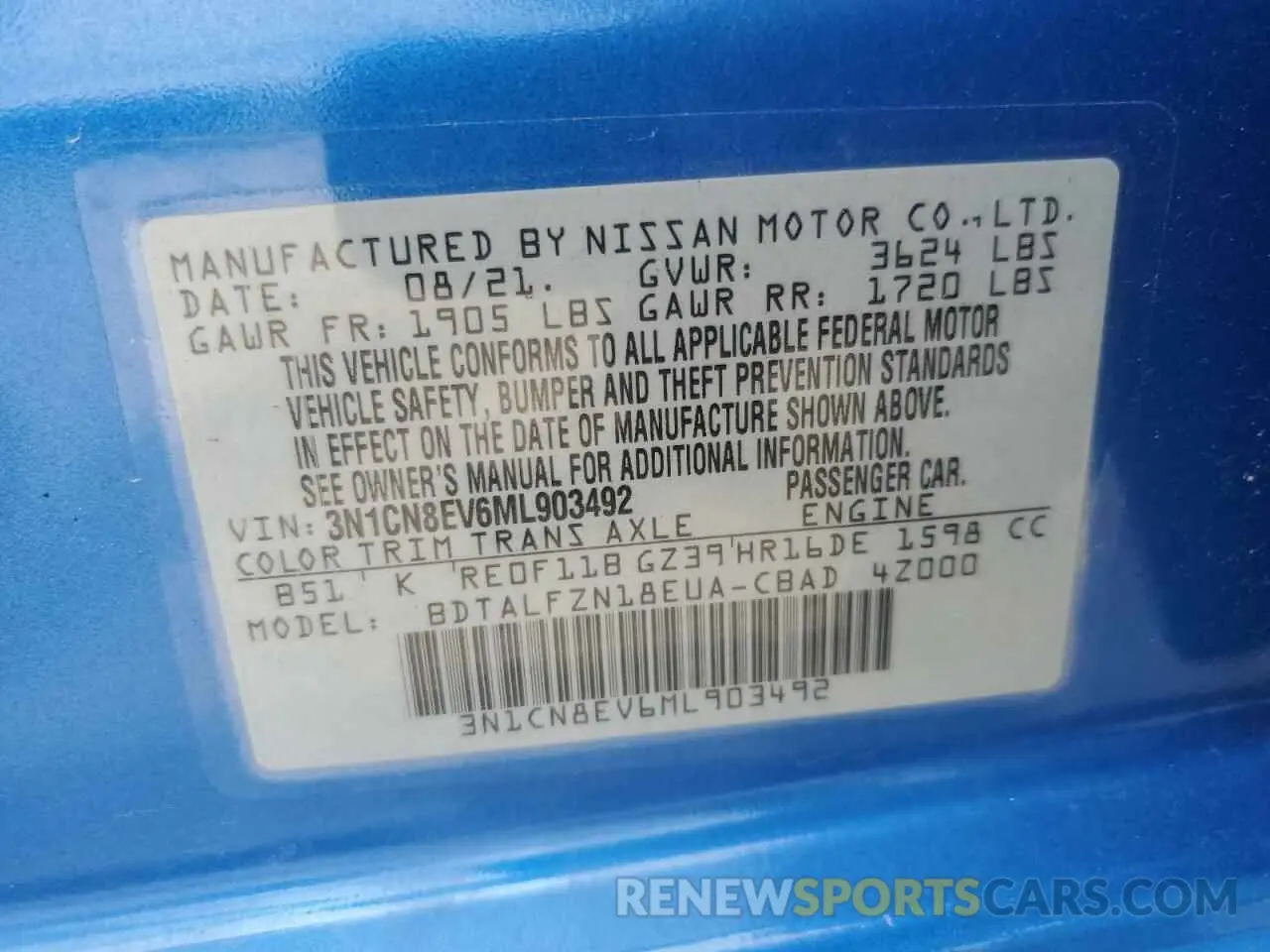 12 Photograph of a damaged car 3N1CN8EV6ML903492 NISSAN VERSA 2021