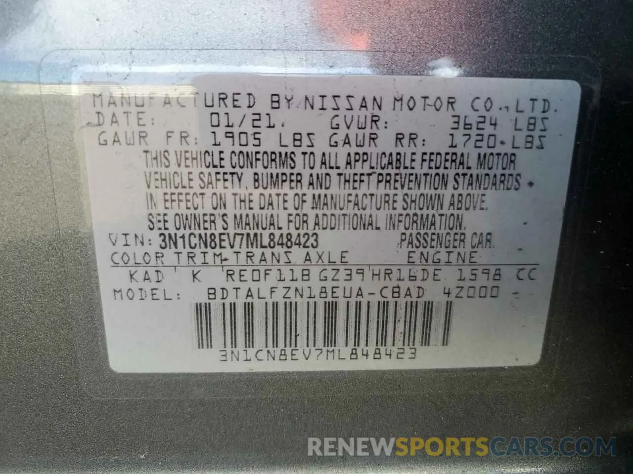12 Photograph of a damaged car 3N1CN8EV7ML848423 NISSAN VERSA 2021