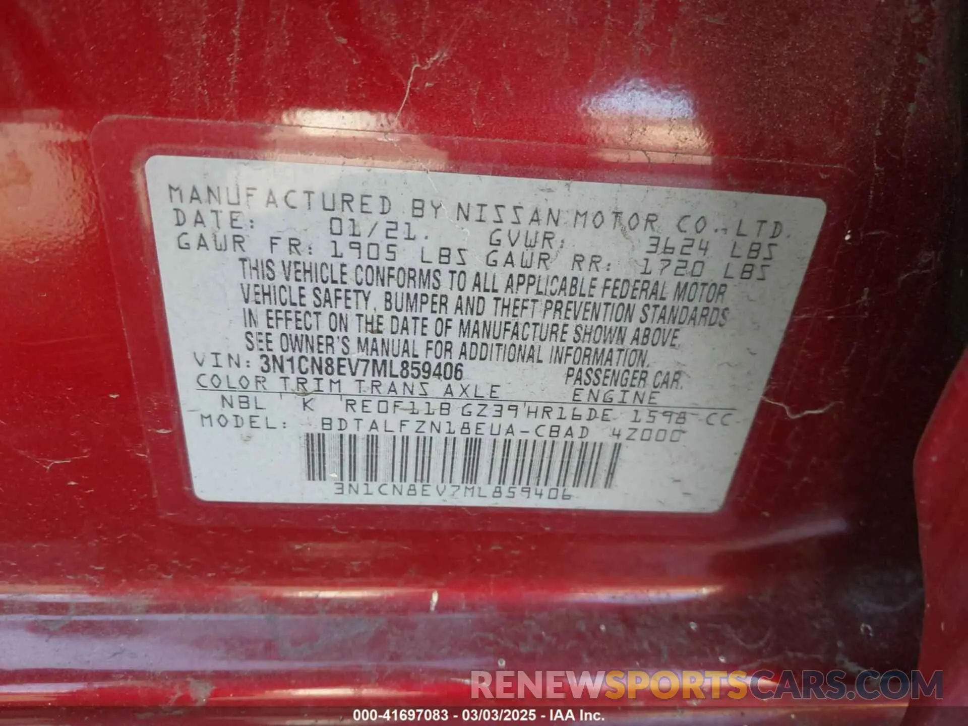 9 Photograph of a damaged car 3N1CN8EV7ML859406 NISSAN VERSA 2021