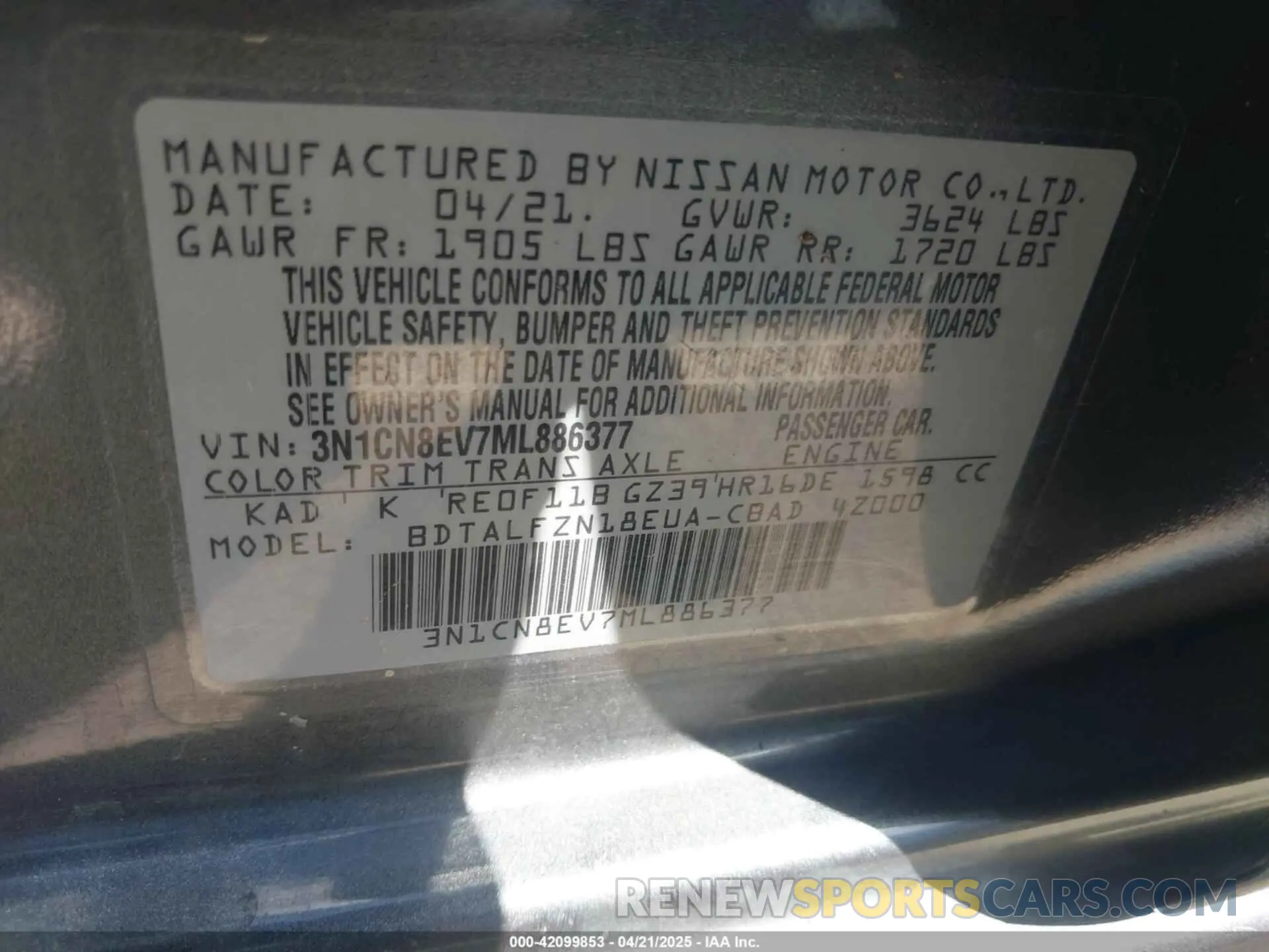 9 Photograph of a damaged car 3N1CN8EV7ML886377 NISSAN VERSA 2021