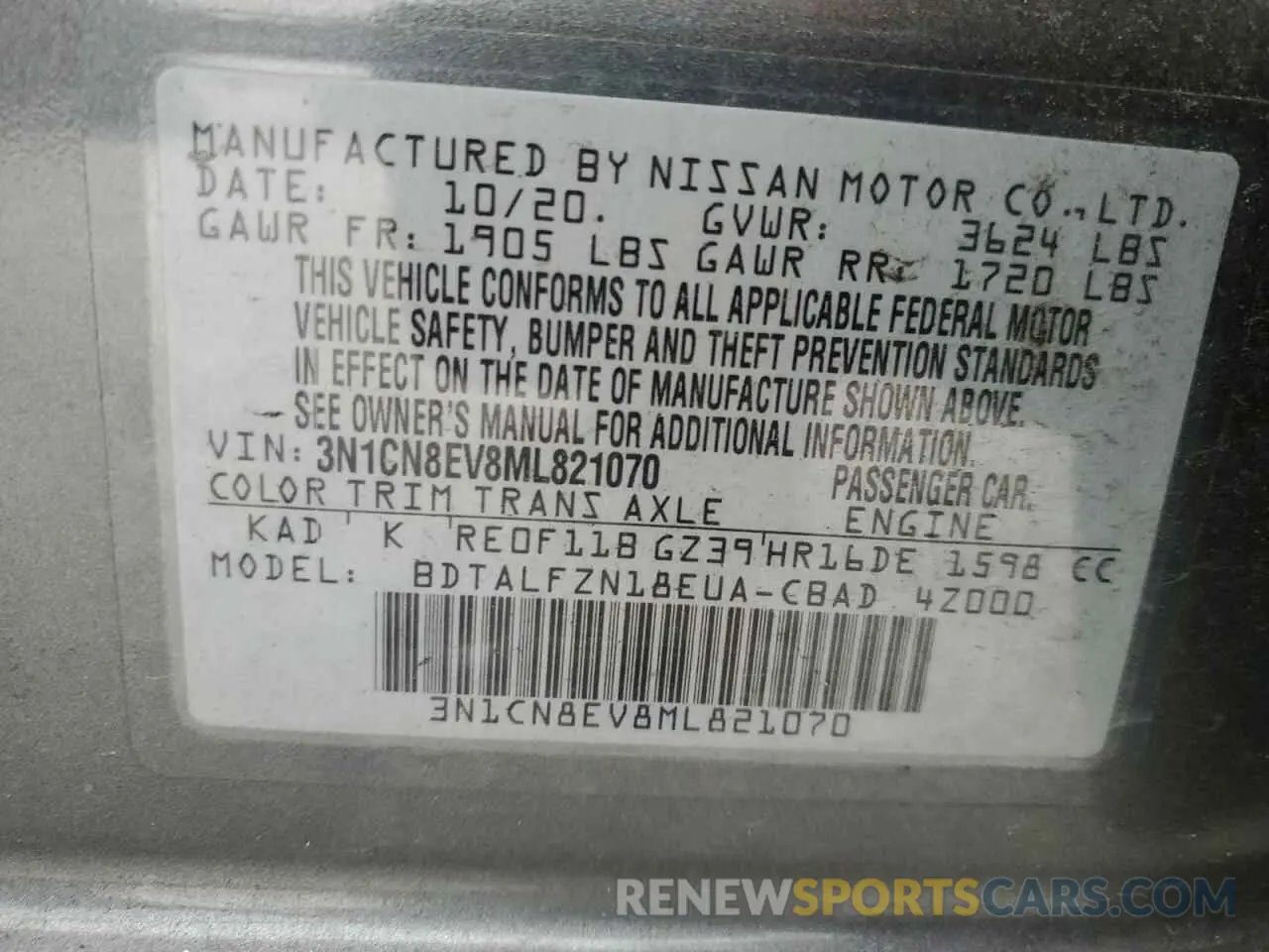 14 Photograph of a damaged car 3N1CN8EV8ML821070 NISSAN VERSA 2021