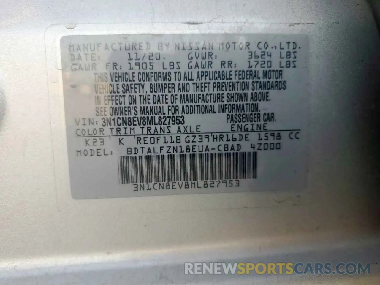 12 Photograph of a damaged car 3N1CN8EV8ML827953 NISSAN VERSA 2021