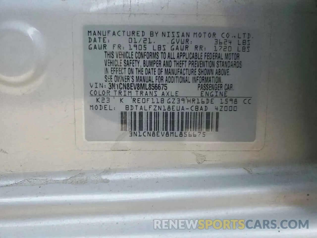 12 Photograph of a damaged car 3N1CN8EV8ML856675 NISSAN VERSA 2021