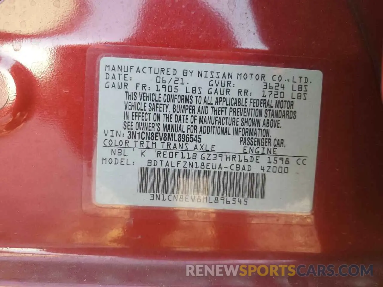 12 Photograph of a damaged car 3N1CN8EV8ML896545 NISSAN VERSA 2021