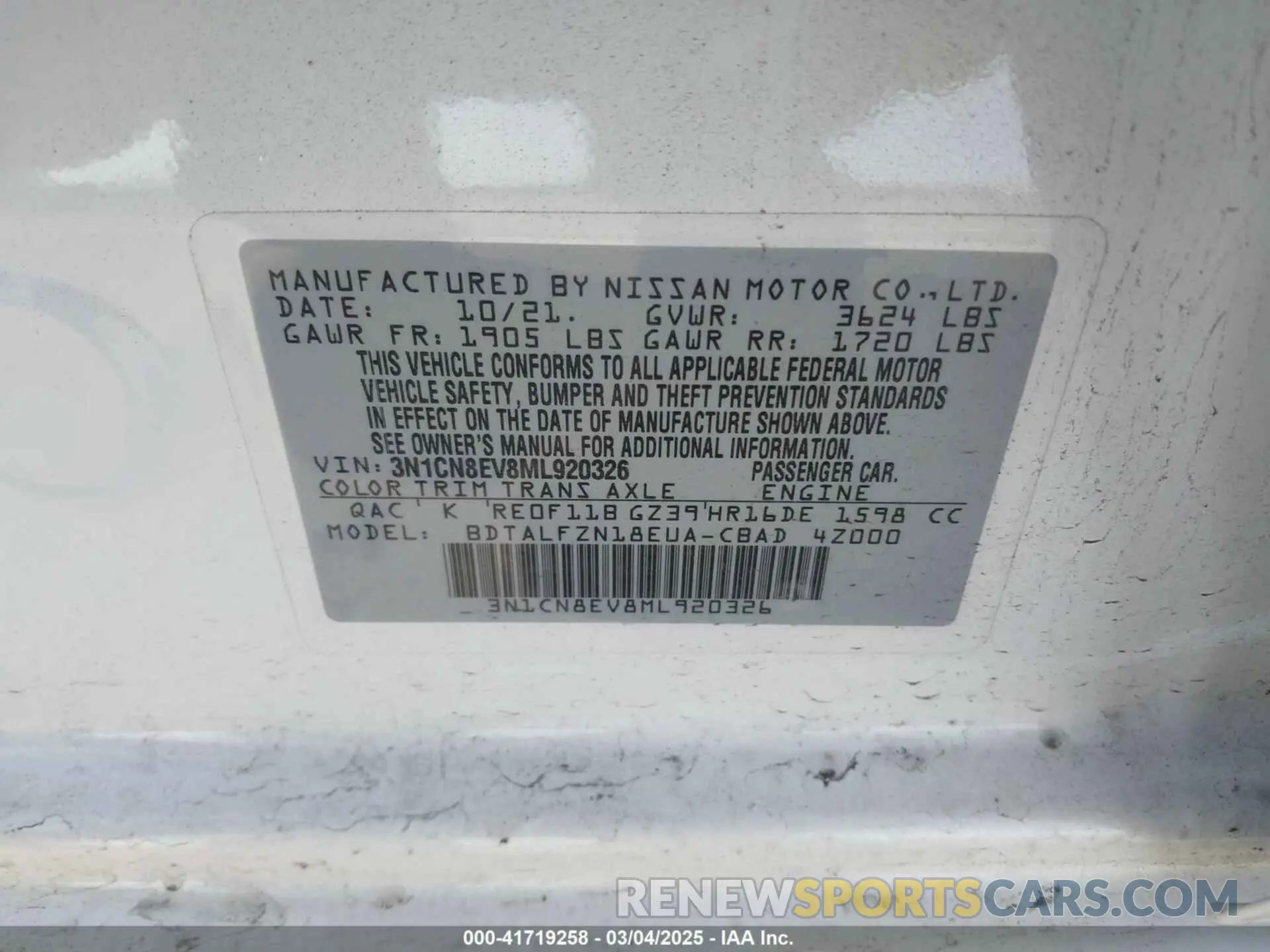 9 Photograph of a damaged car 3N1CN8EV8ML920326 NISSAN VERSA 2021