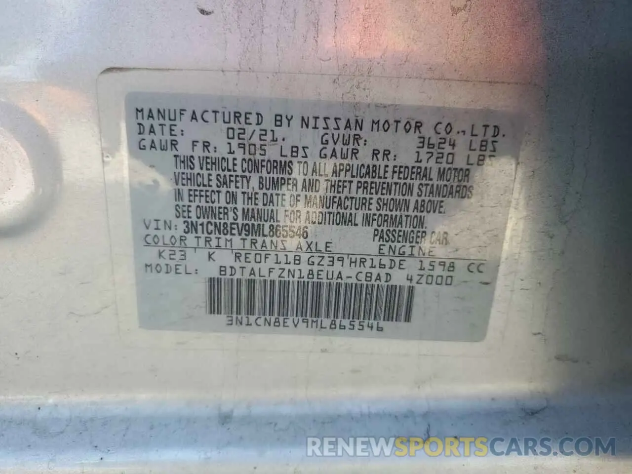12 Photograph of a damaged car 3N1CN8EV9ML865546 NISSAN VERSA 2021