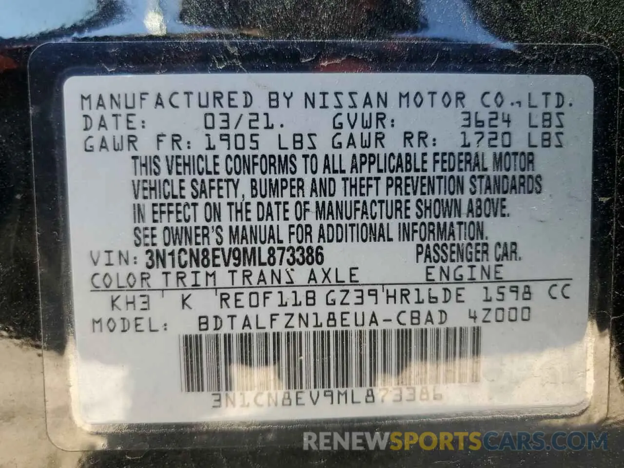 12 Photograph of a damaged car 3N1CN8EV9ML873386 NISSAN VERSA 2021