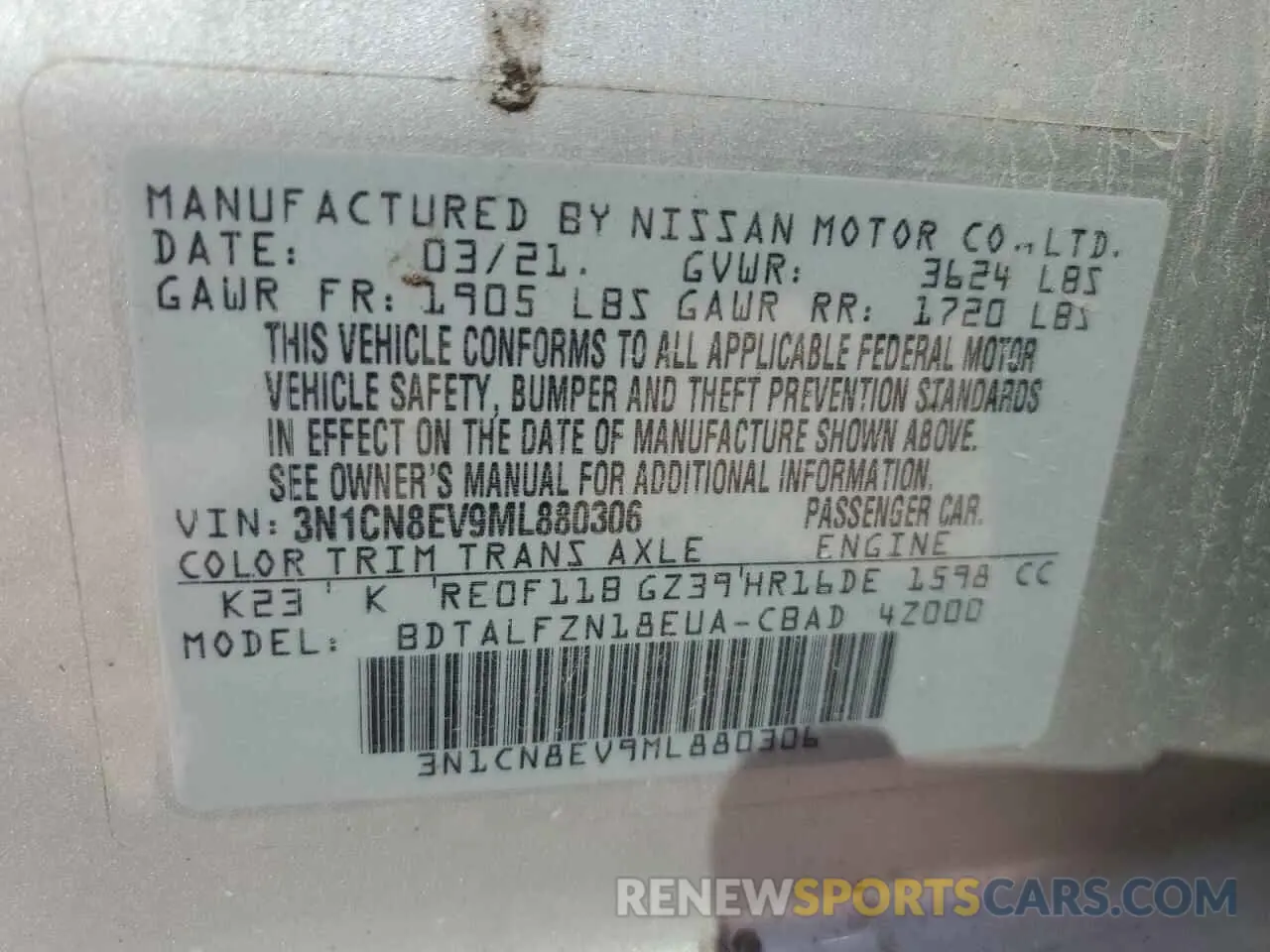 12 Photograph of a damaged car 3N1CN8EV9ML880306 NISSAN VERSA 2021