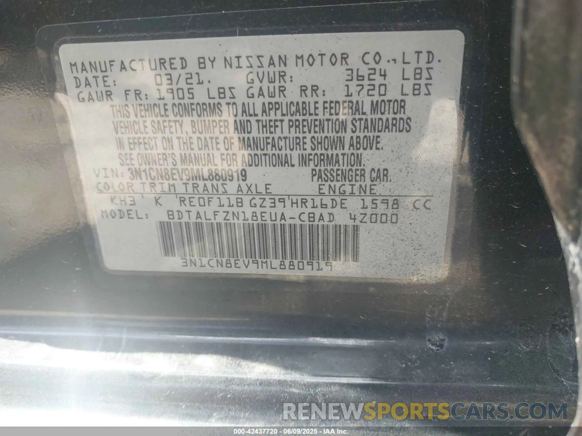 9 Photograph of a damaged car 3N1CN8EV9ML880919 NISSAN VERSA 2021