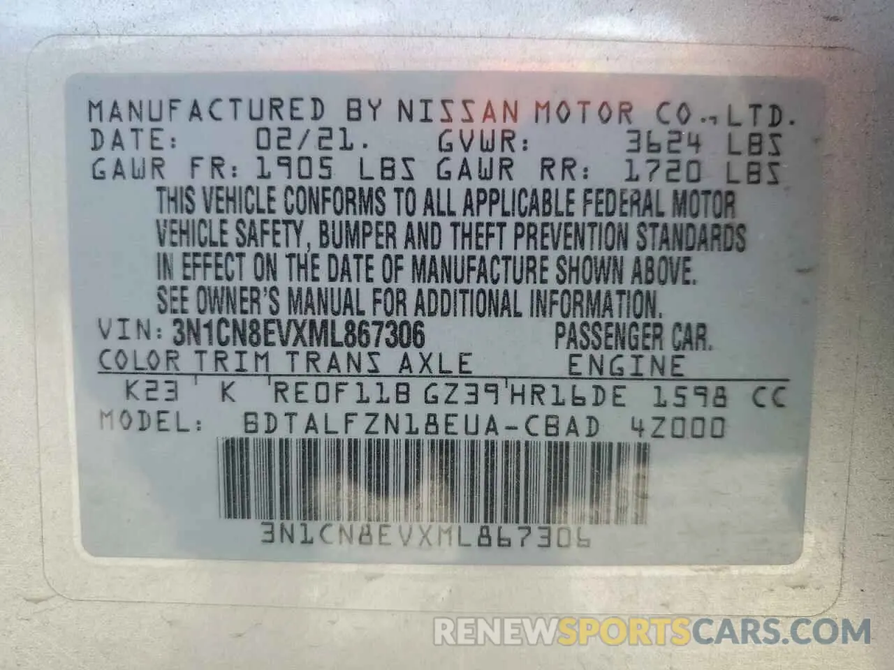 12 Photograph of a damaged car 3N1CN8EVXML867306 NISSAN VERSA 2021