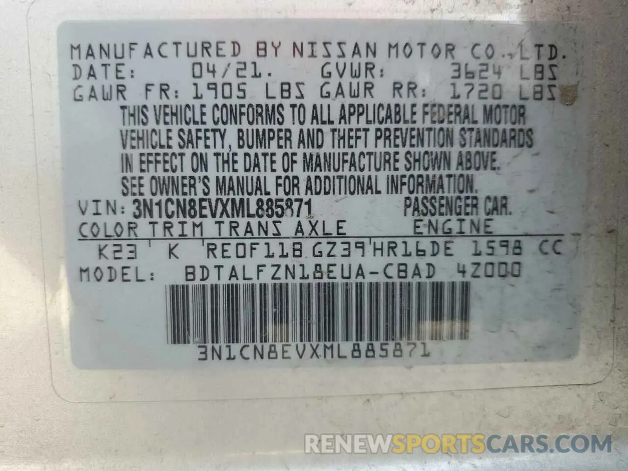 13 Photograph of a damaged car 3N1CN8EVXML885871 NISSAN VERSA 2021
