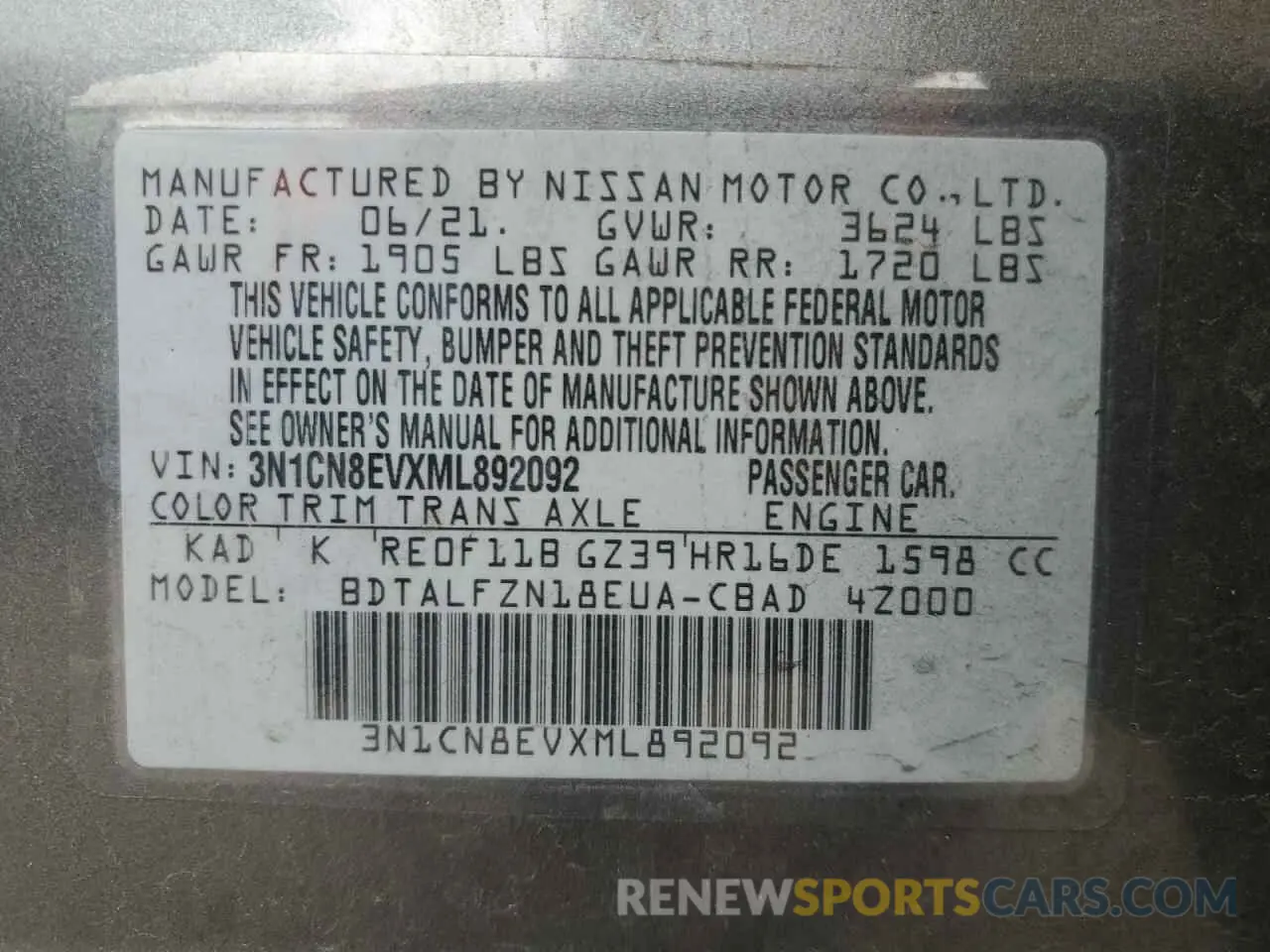 12 Photograph of a damaged car 3N1CN8EVXML892092 NISSAN VERSA 2021