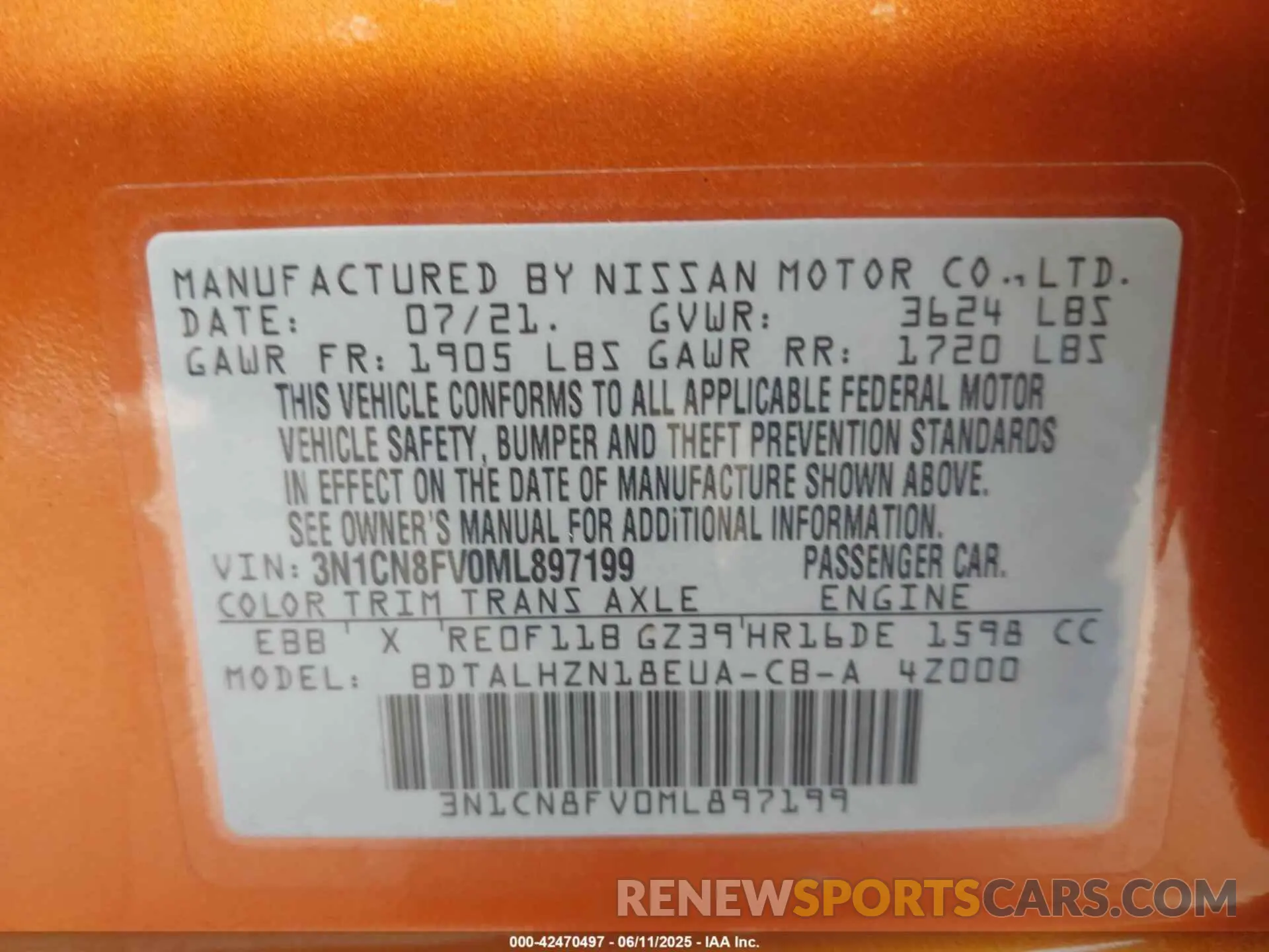 9 Photograph of a damaged car 3N1CN8FV0ML897199 NISSAN VERSA 2021