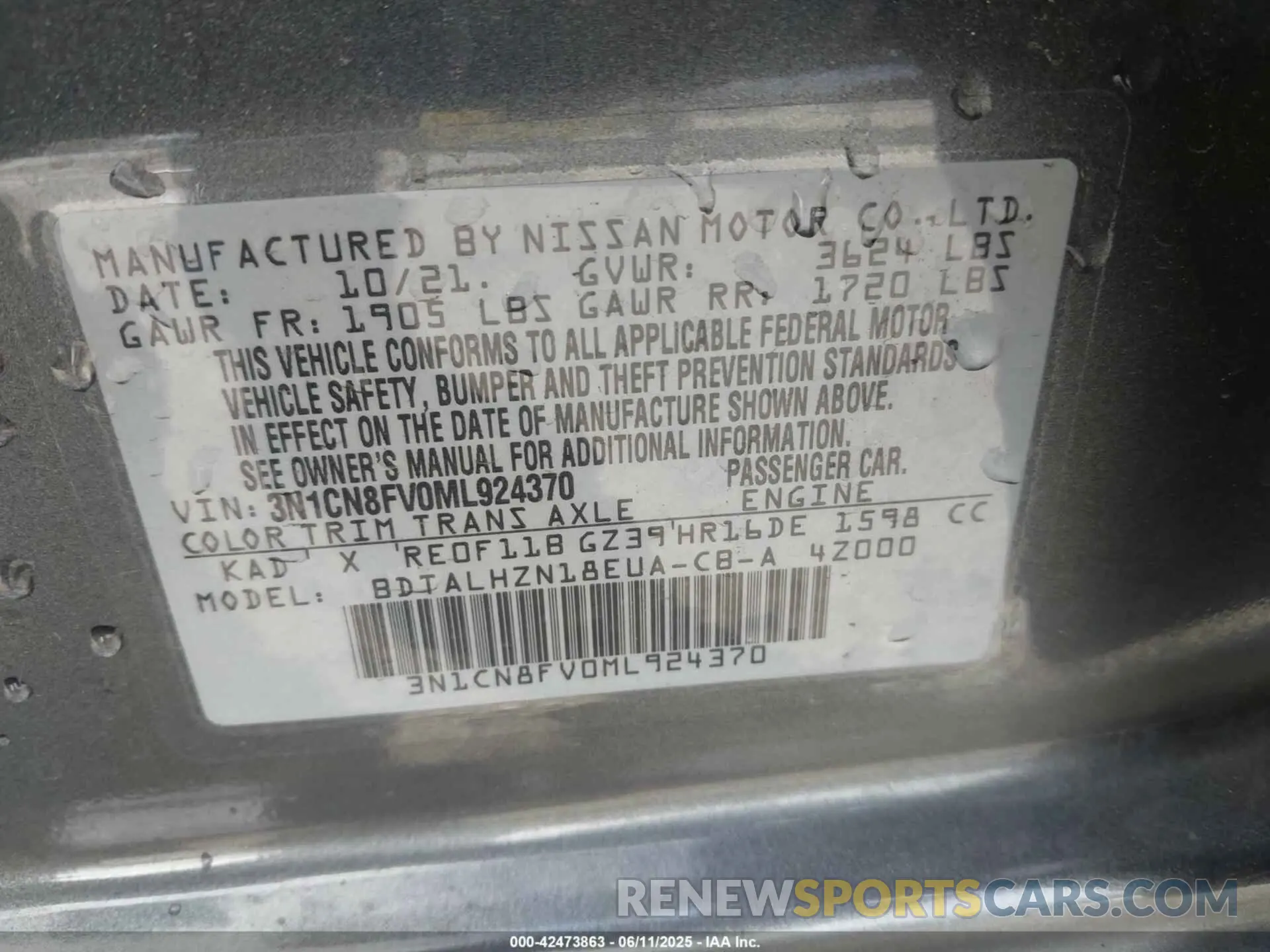9 Photograph of a damaged car 3N1CN8FV0ML924370 NISSAN VERSA 2021