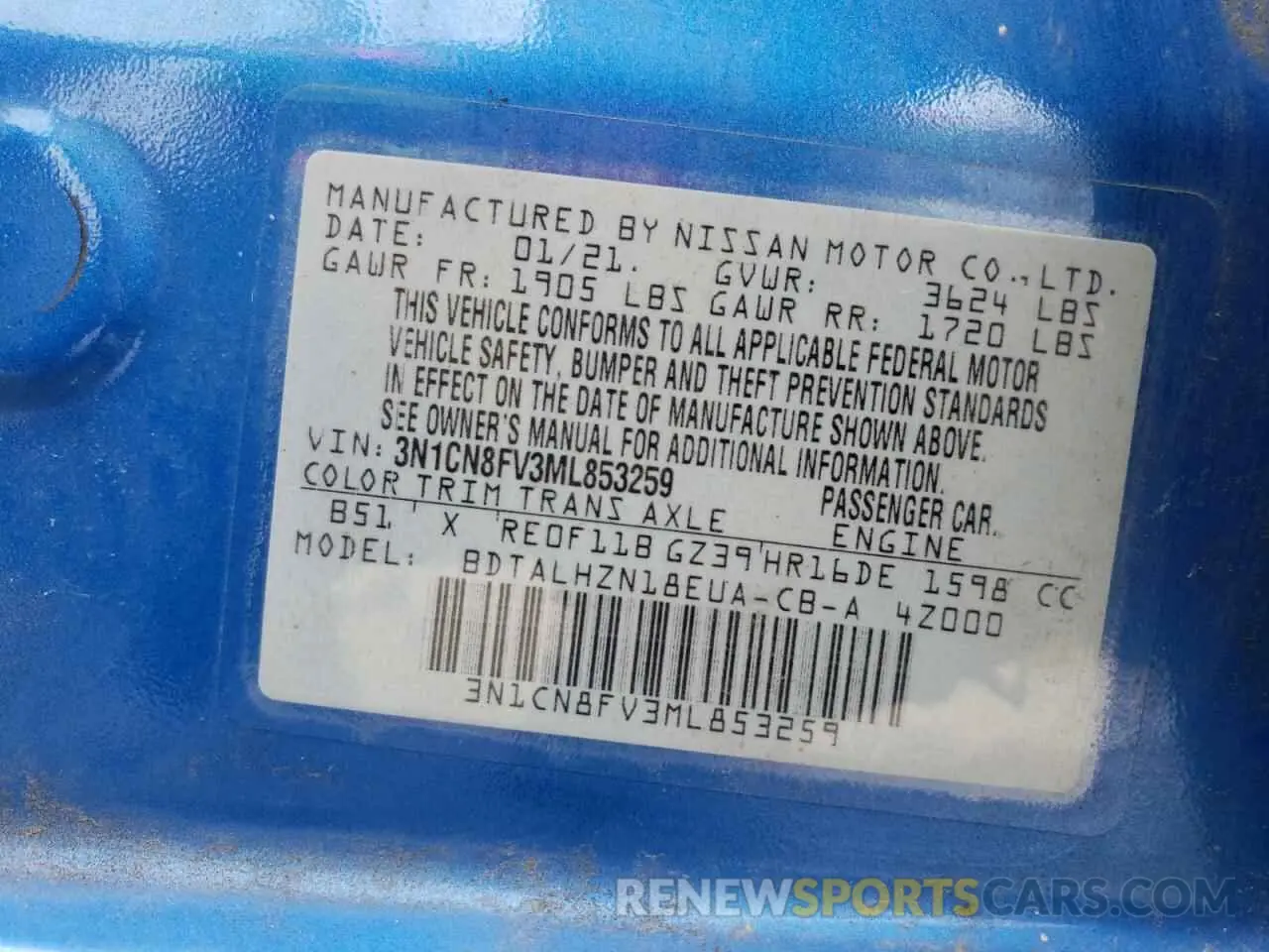 12 Photograph of a damaged car 3N1CN8FV3ML853259 NISSAN VERSA 2021