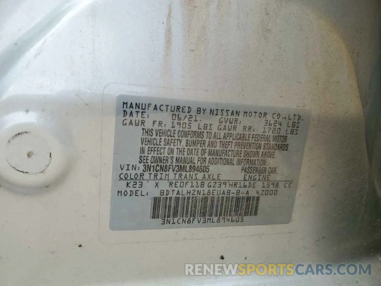 13 Photograph of a damaged car 3N1CN8FV3ML894605 NISSAN VERSA 2021