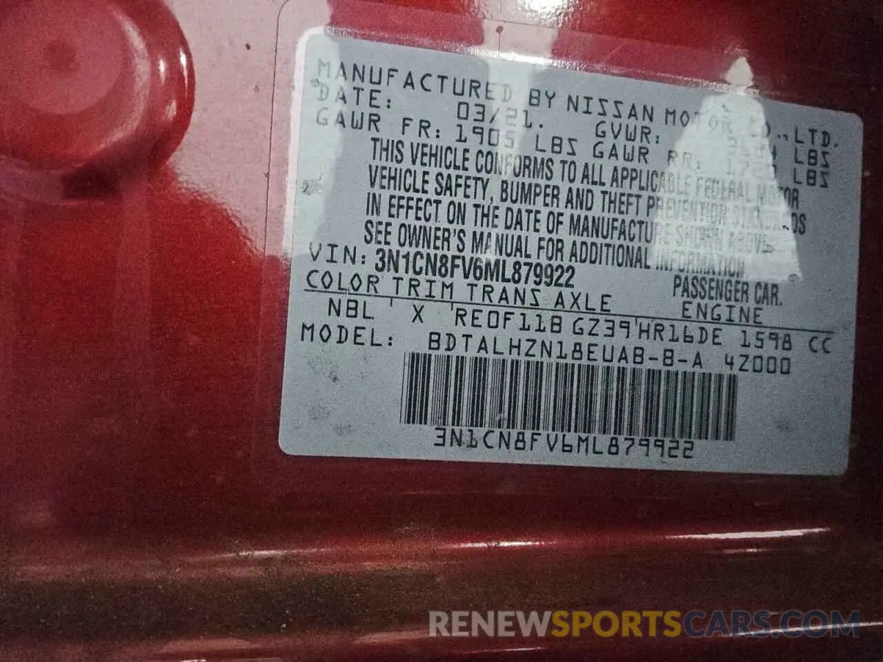 12 Photograph of a damaged car 3N1CN8FV6ML879922 NISSAN VERSA 2021