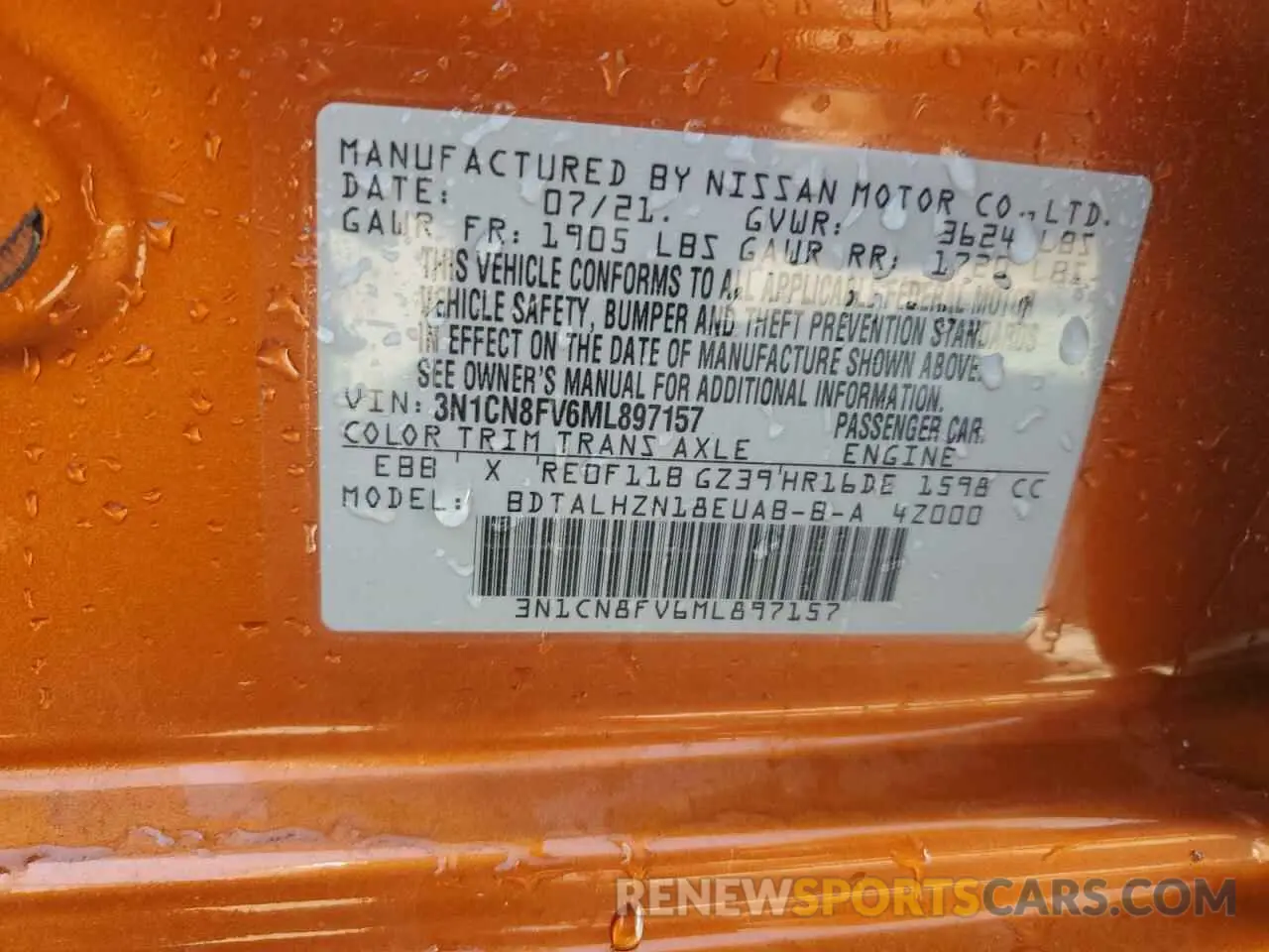 13 Photograph of a damaged car 3N1CN8FV6ML897157 NISSAN VERSA 2021