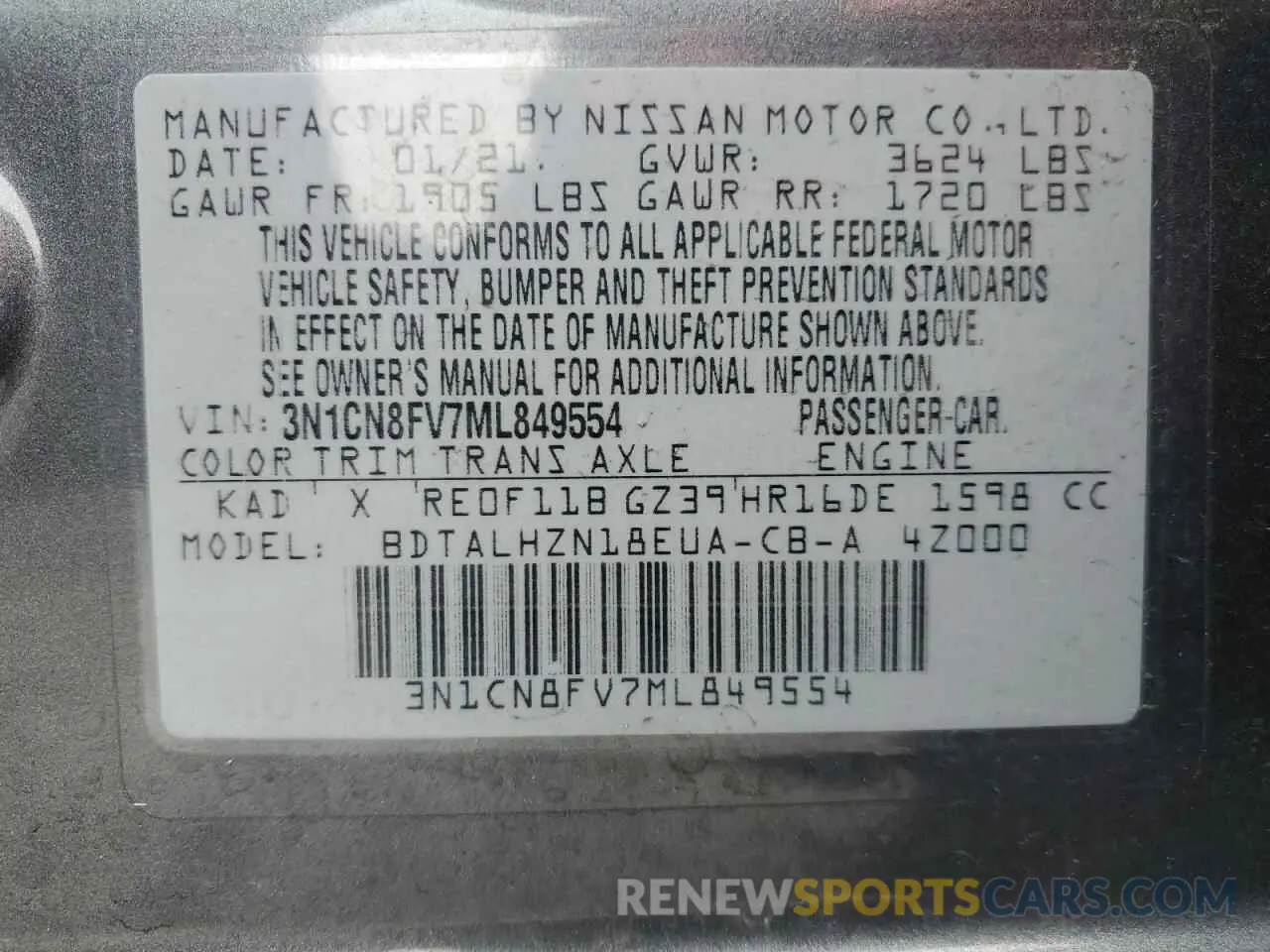 12 Photograph of a damaged car 3N1CN8FV7ML849554 NISSAN VERSA 2021
