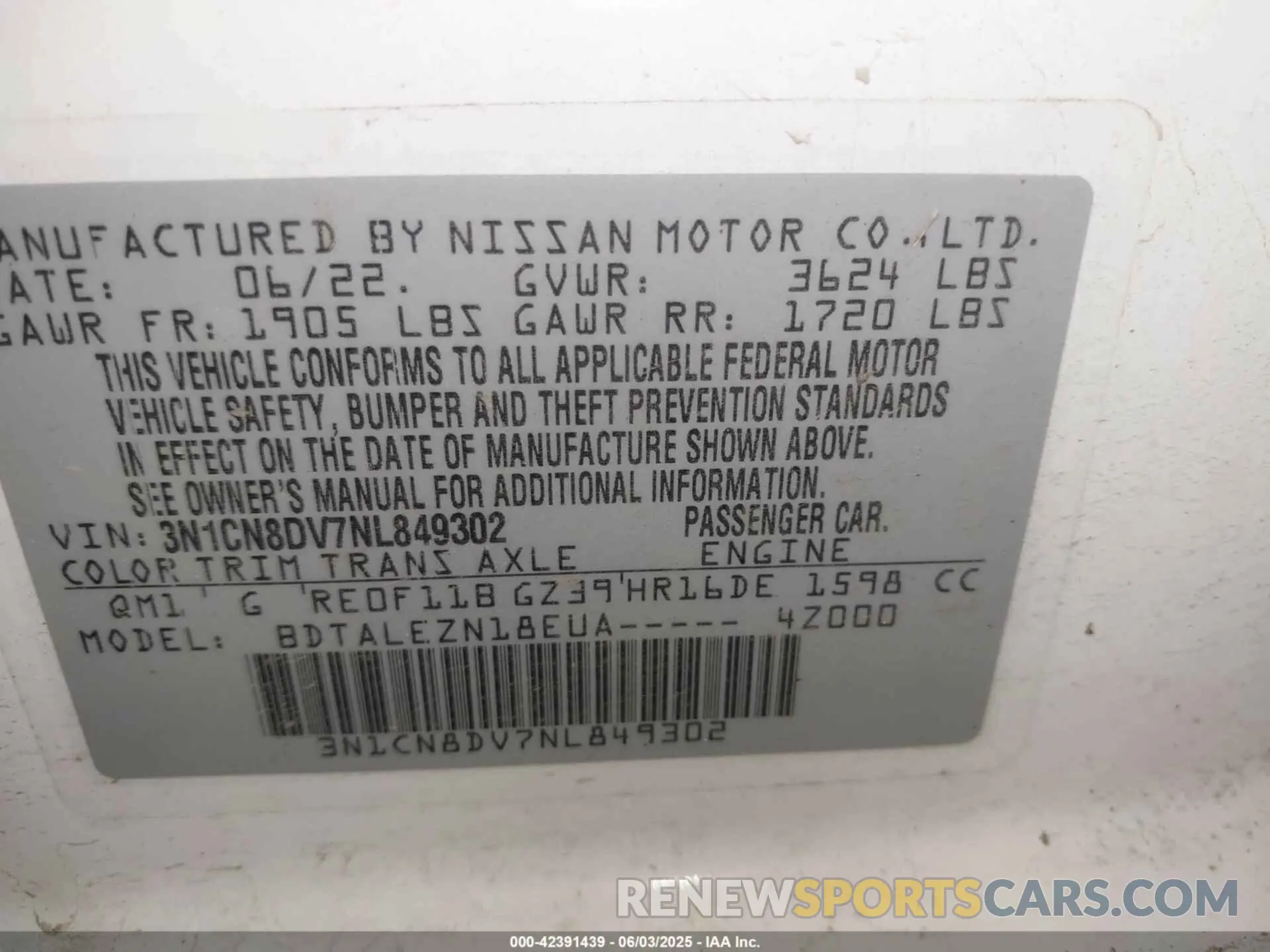 9 Photograph of a damaged car 3N1CN8DV7NL849302 NISSAN VERSA 2022