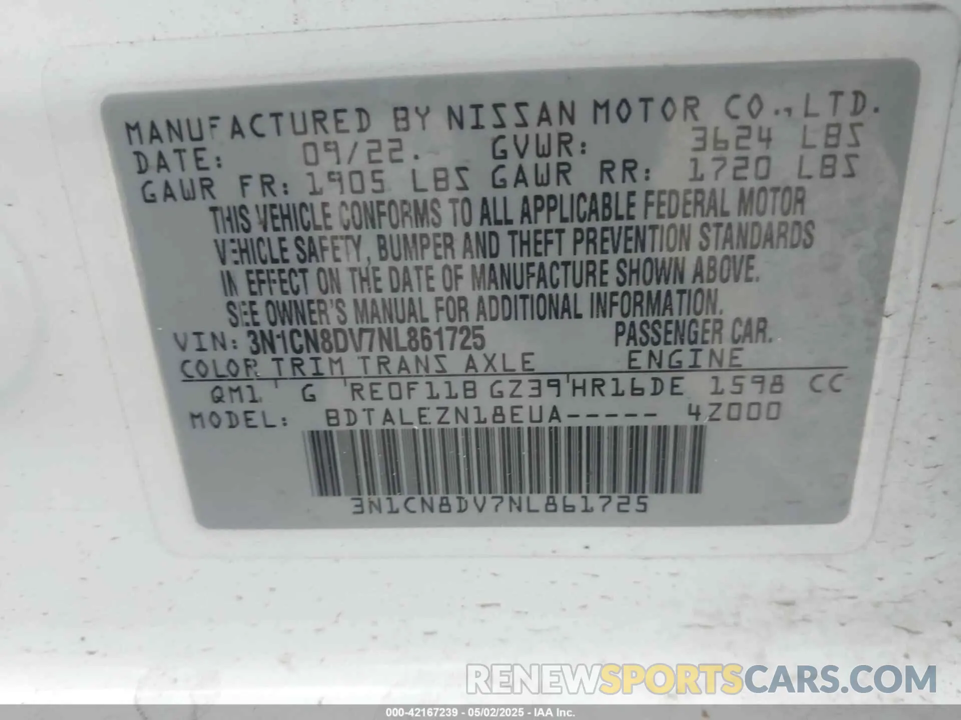 9 Photograph of a damaged car 3N1CN8DV7NL861725 NISSAN VERSA 2022