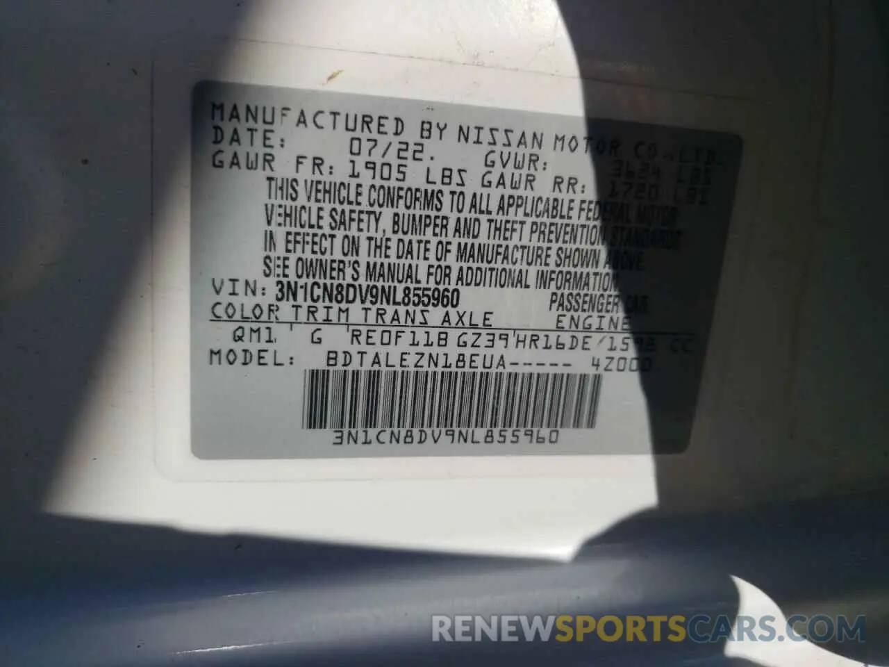 13 Photograph of a damaged car 3N1CN8DV9NL855960 NISSAN VERSA 2022