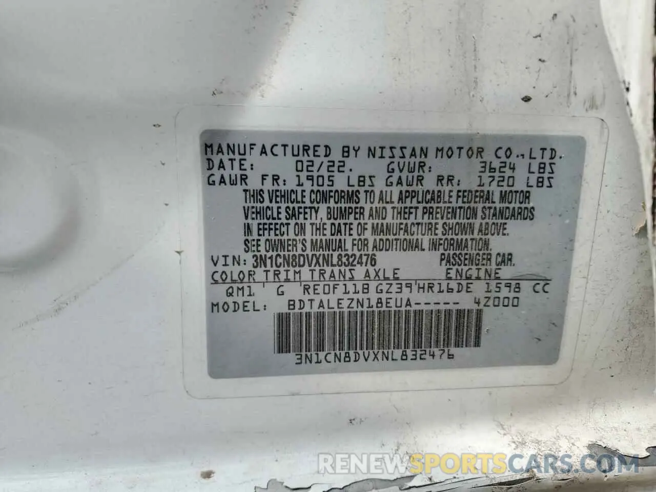 12 Photograph of a damaged car 3N1CN8DVXNL832476 NISSAN VERSA 2022