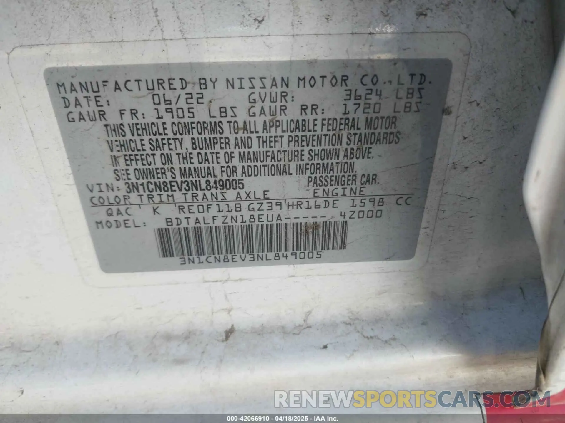 9 Photograph of a damaged car 3N1CN8EV3NL849005 NISSAN VERSA 2022