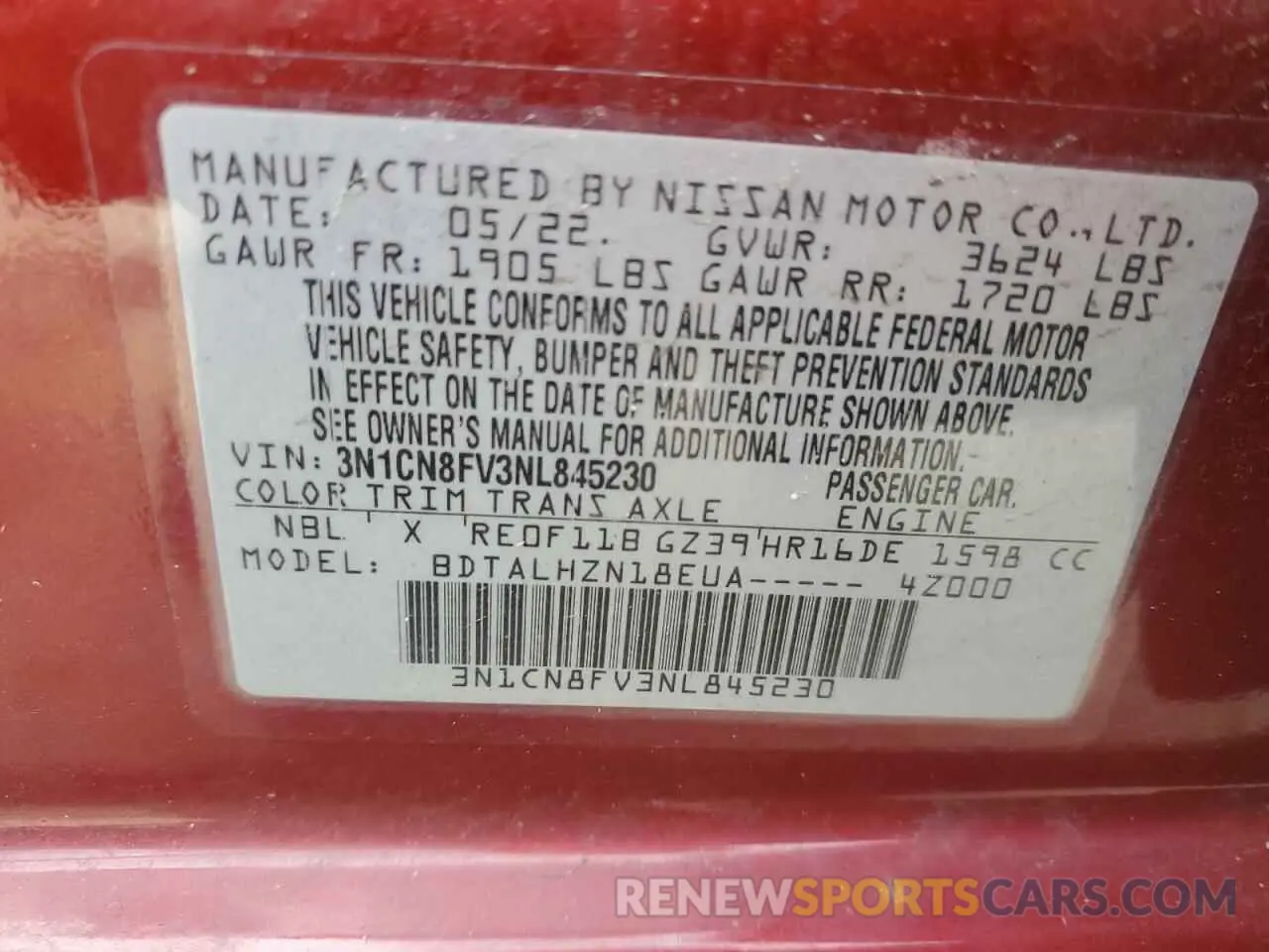 12 Photograph of a damaged car 3N1CN8FV3NL845230 NISSAN VERSA 2022