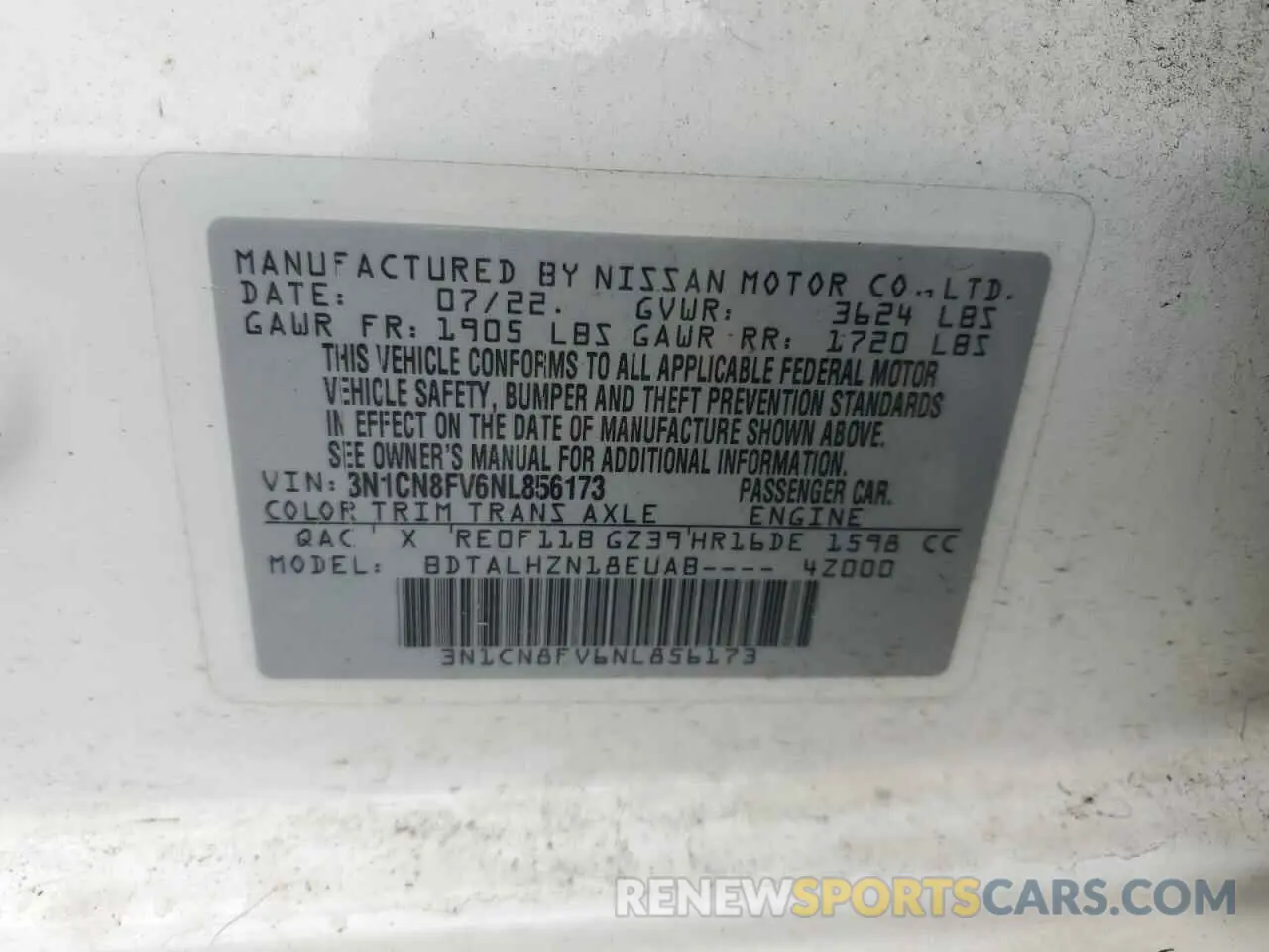 12 Photograph of a damaged car 3N1CN8FV6NL856173 NISSAN VERSA 2022