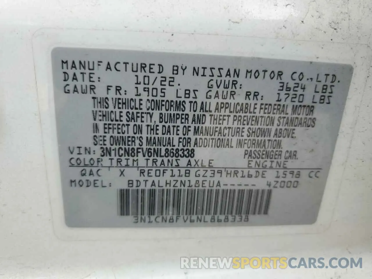 12 Photograph of a damaged car 3N1CN8FV6NL868338 NISSAN VERSA 2022