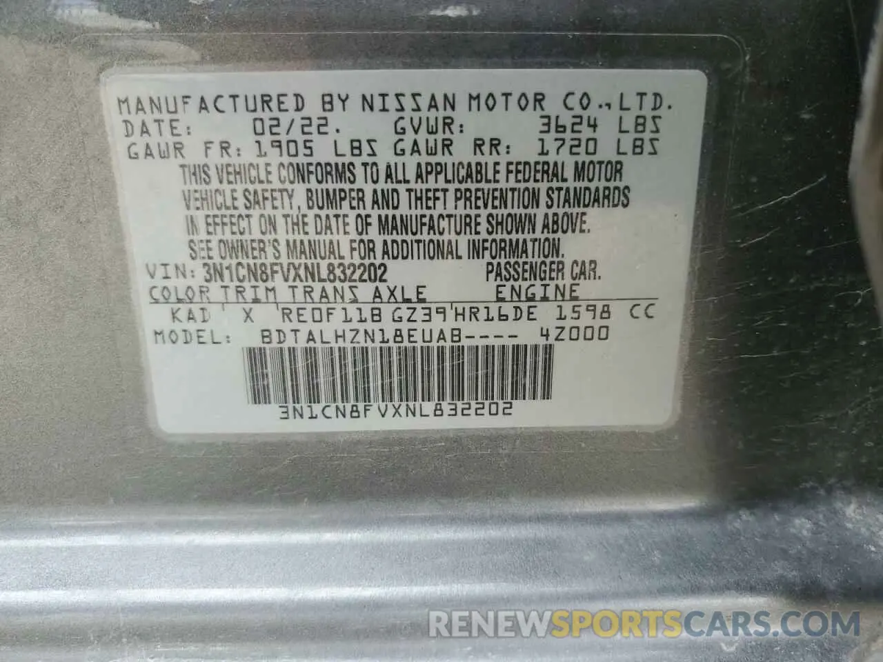 12 Photograph of a damaged car 3N1CN8FVXNL832202 NISSAN VERSA 2022