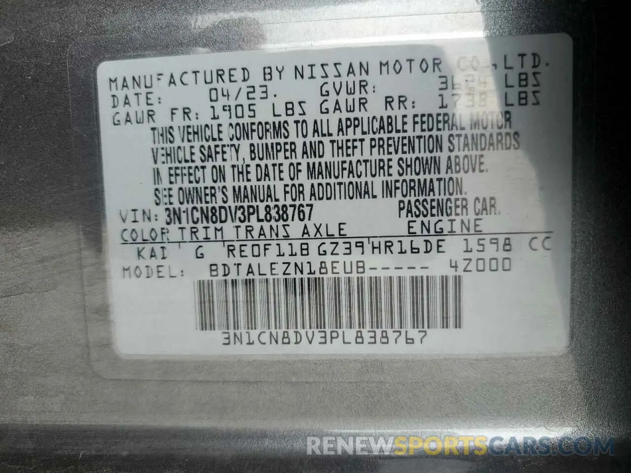 14 Photograph of a damaged car 3N1CN8DV3PL838767 NISSAN VERSA 2023