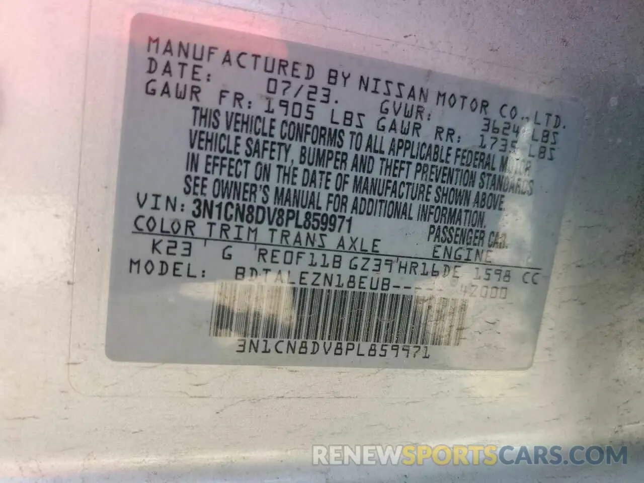 13 Photograph of a damaged car 3N1CN8DV8PL859971 NISSAN VERSA 2023