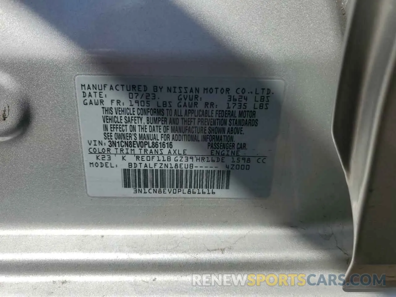 12 Photograph of a damaged car 3N1CN8EV0PL861616 NISSAN VERSA 2023