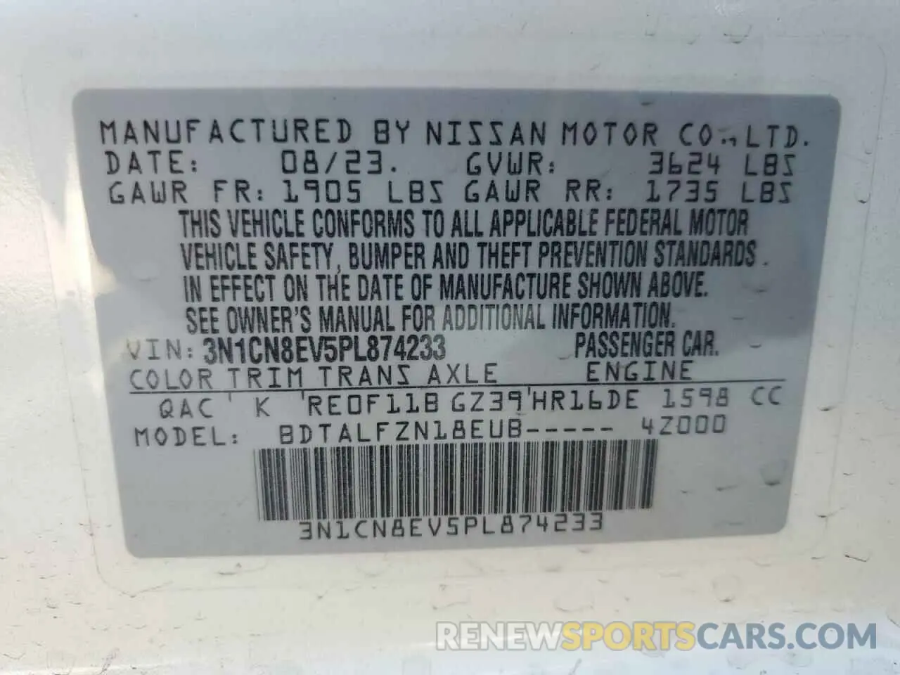 12 Photograph of a damaged car 3N1CN8EV5PL874233 NISSAN VERSA 2023