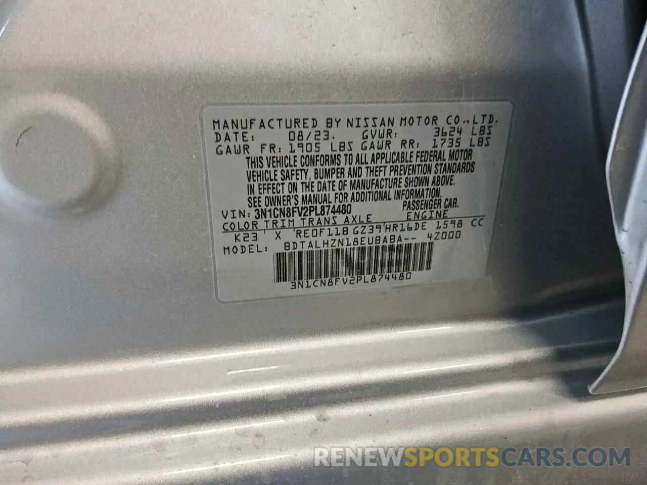 12 Photograph of a damaged car 3N1CN8FV2PL874480 NISSAN VERSA 2023
