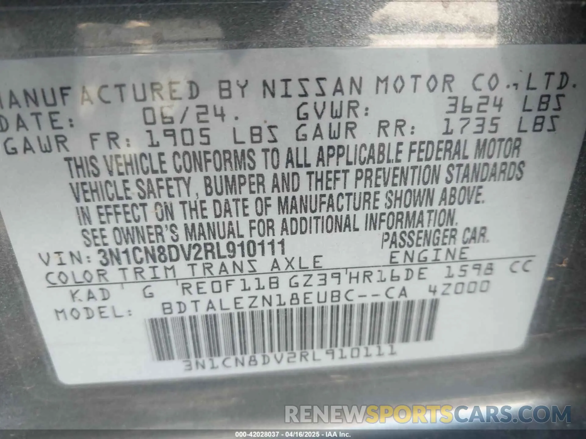 9 Photograph of a damaged car 3N1CN8DV2RL910111 NISSAN VERSA 2024
