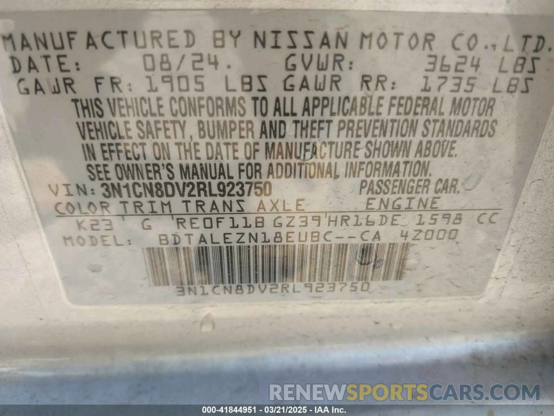 9 Photograph of a damaged car 3N1CN8DV2RL923750 NISSAN VERSA 2024