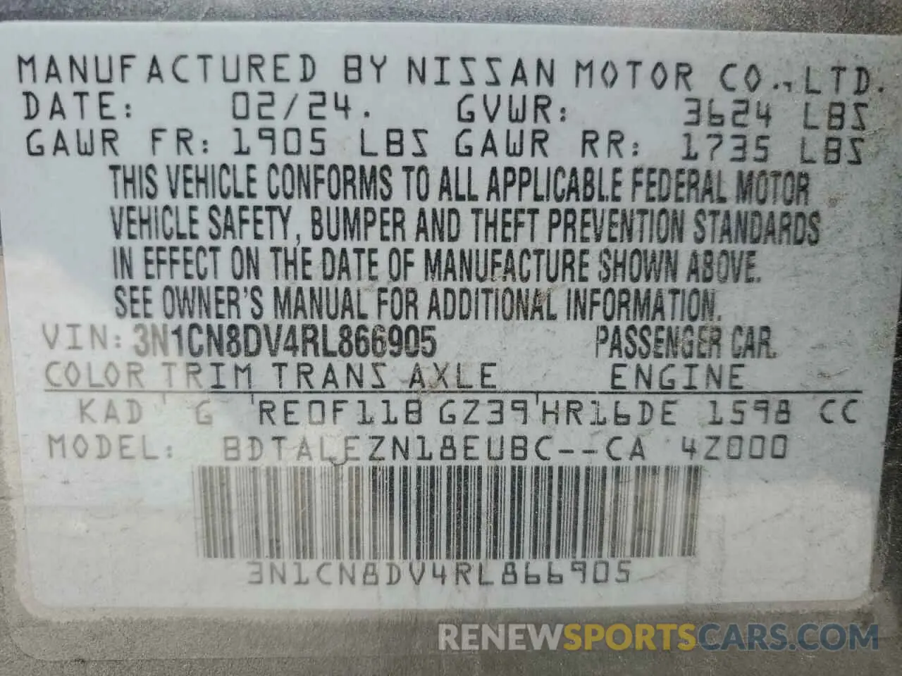 14 Photograph of a damaged car 3N1CN8DV4RL866905 NISSAN VERSA 2024