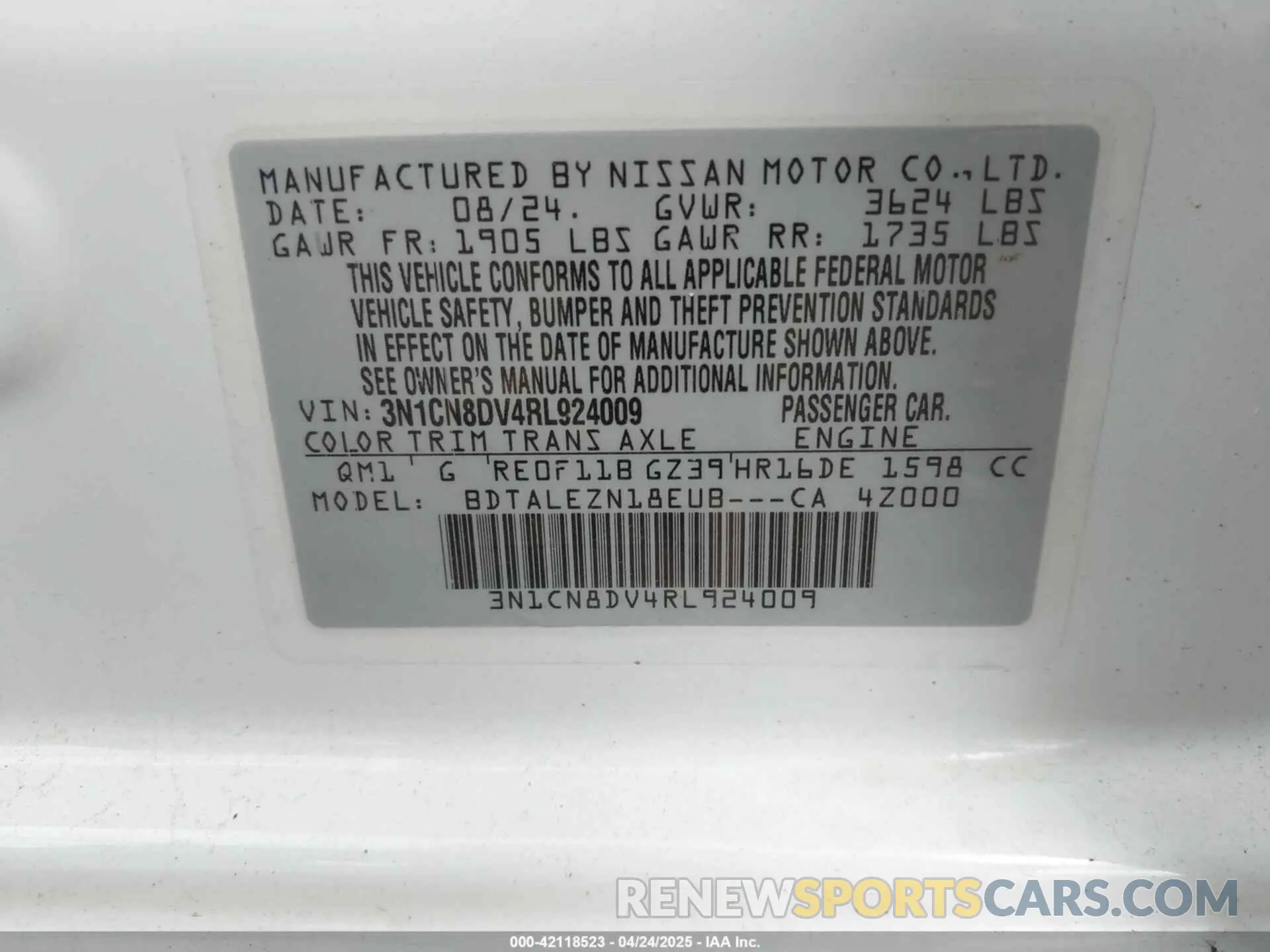 9 Photograph of a damaged car 3N1CN8DV4RL924009 NISSAN VERSA 2024