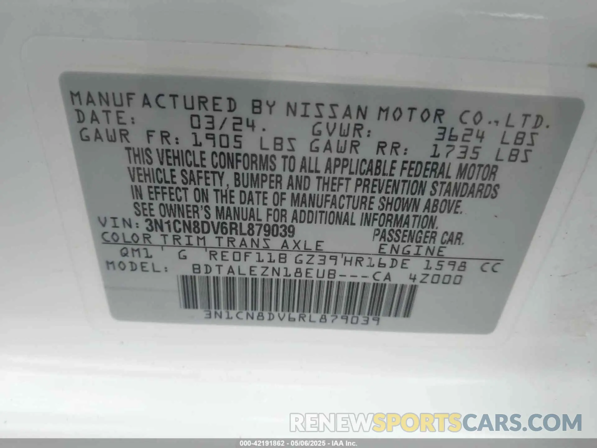 9 Photograph of a damaged car 3N1CN8DV6RL879039 NISSAN VERSA 2024
