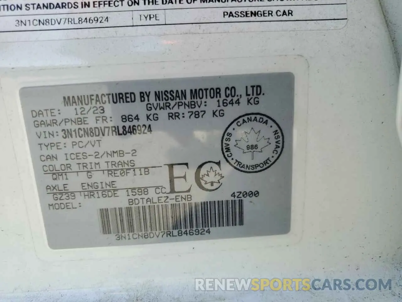 12 Photograph of a damaged car 3N1CN8DV7RL846924 NISSAN VERSA 2024