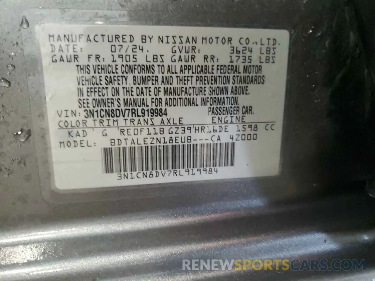 12 Photograph of a damaged car 3N1CN8DV7RL919984 NISSAN VERSA 2024
