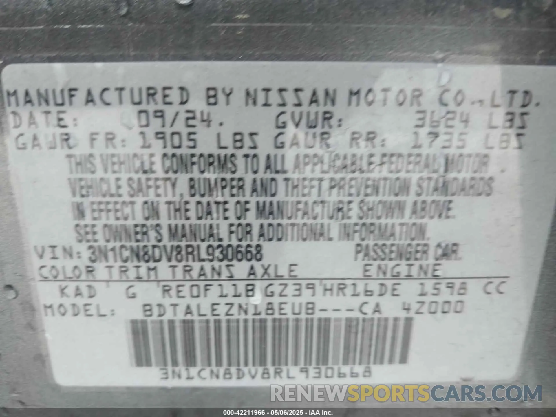 9 Photograph of a damaged car 3N1CN8DV8RL930668 NISSAN VERSA 2024