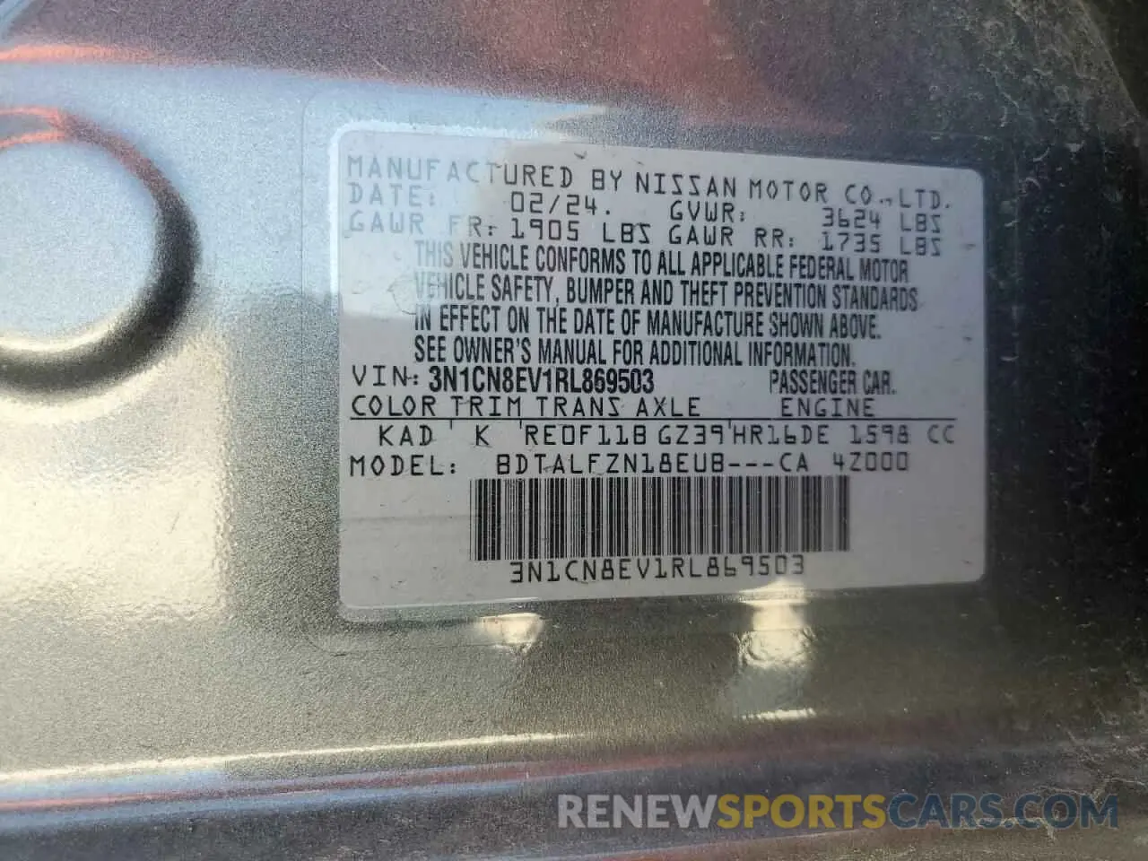 13 Photograph of a damaged car 3N1CN8EV1RL869503 NISSAN VERSA 2024