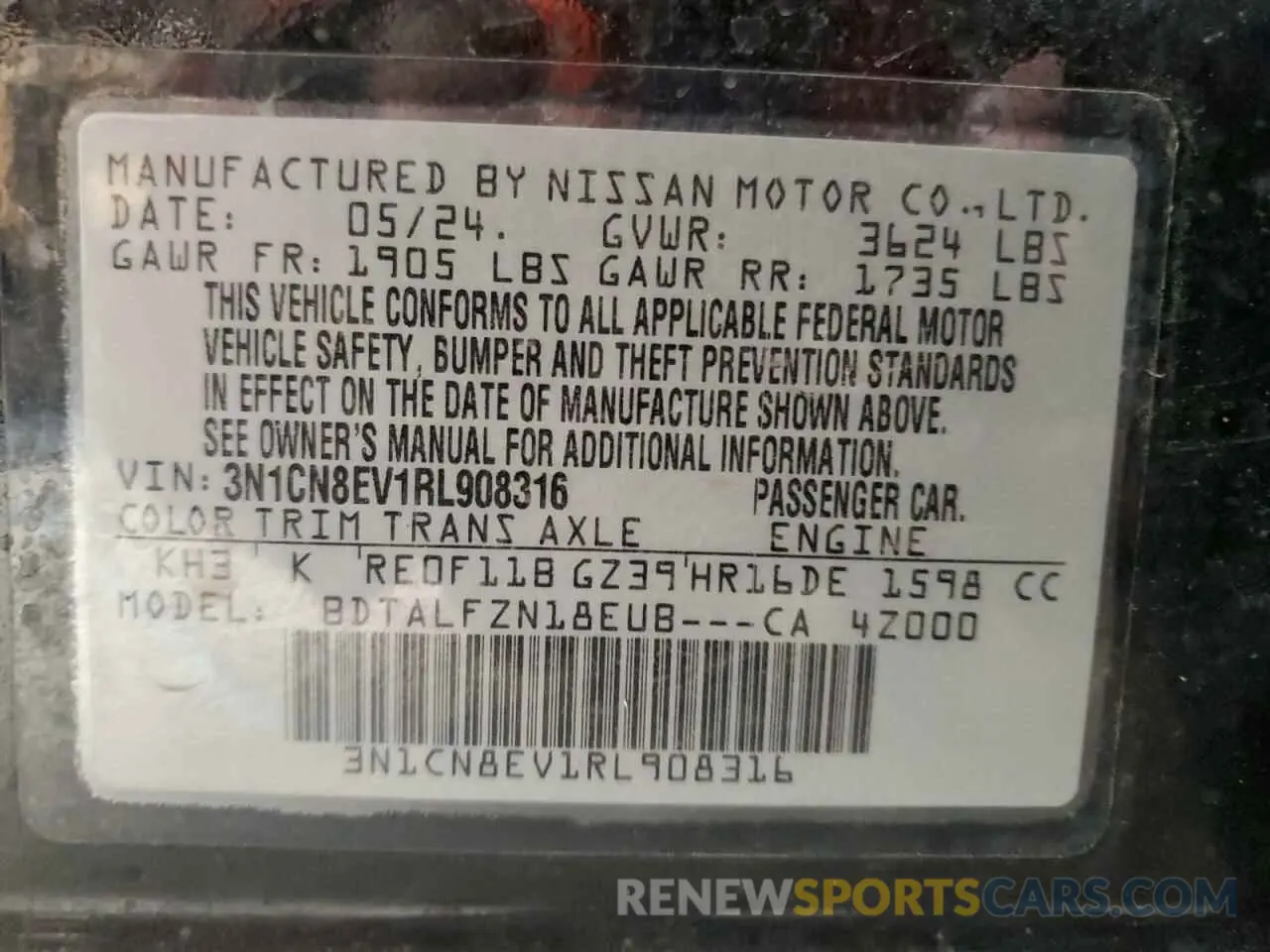 12 Photograph of a damaged car 3N1CN8EV1RL908316 NISSAN VERSA 2024