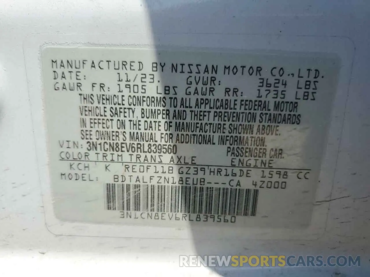 12 Photograph of a damaged car 3N1CN8EV6RL839560 NISSAN VERSA 2024