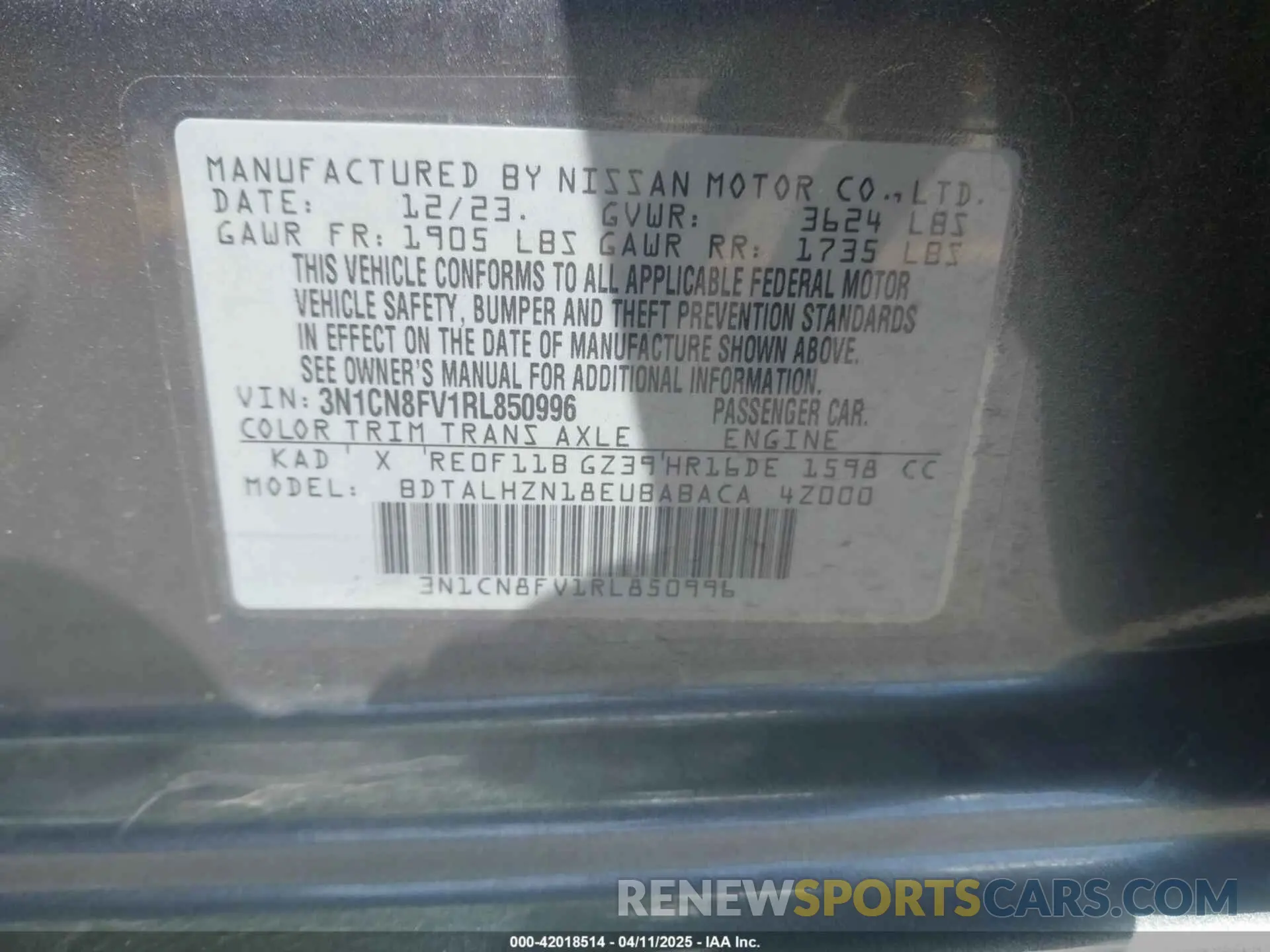 9 Photograph of a damaged car 3N1CN8FV1RL850996 NISSAN VERSA 2024