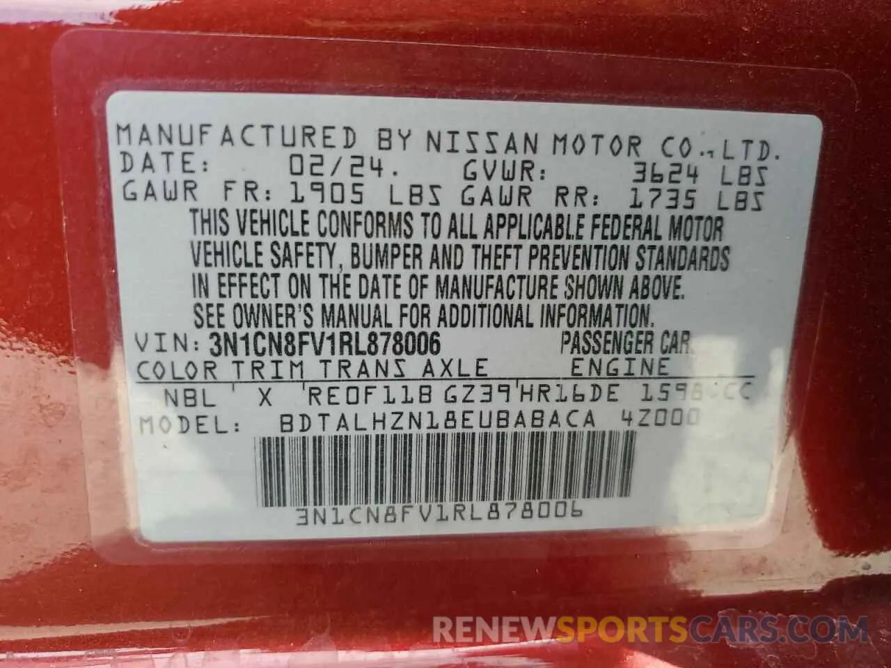 13 Photograph of a damaged car 3N1CN8FV1RL878006 NISSAN VERSA 2024